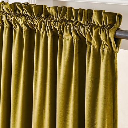 Lazzzy Velvet Blackout Curtains Thermal Insulated Room Window Drapes Super Soft Luxury Curtains for Living Room Bedroom Rod Pocket 2 Panels, Golden Olive, 52" W x 90" L