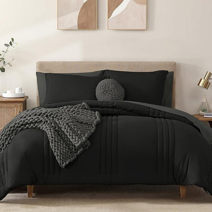 Monbix King Size Comforter Set - 7 Pieces Bed in a Bag King, Black Bedding Sets with Comforter, All Seasons Down Alternative Comforter Bed Set with Sheets, Pillowcases & Shams