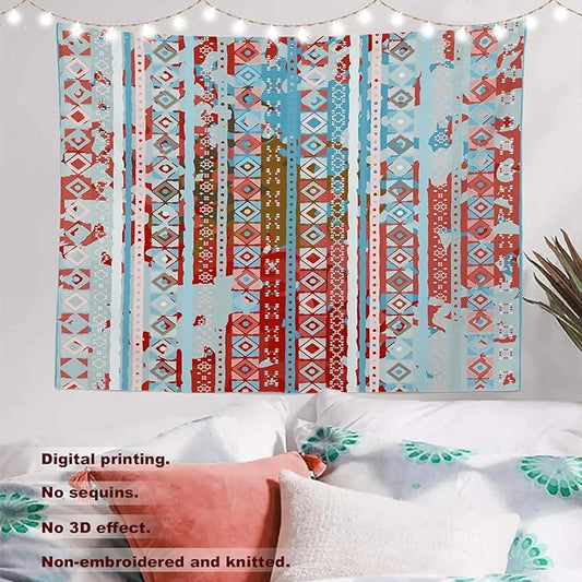 Batmerry Blue Grey Boho Garbage Tapestry, Red Wall Art Hanging Decoration Polyester Fiber White Ruffled Around for Dorm Room Bedroom Living Room, 51.2x59.1 inches