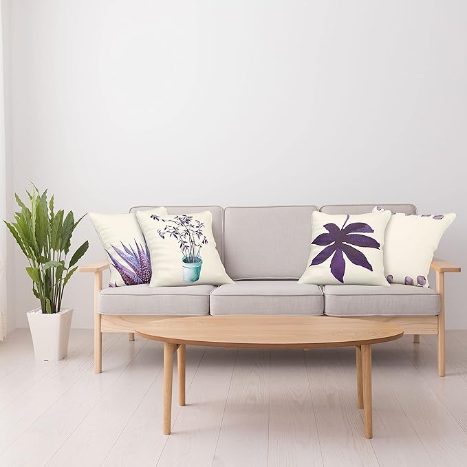 Ambesonne Botanical Throw Pillow Cushion Case Pack of 4, Minimalist Watercolor Painting Leaves Agave Branches Plant in a Pot, Modern Accent Double-Sided Digital Printing, 18", Quartz and Lavender