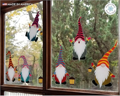 6 psc, 5.5-Inch Christmas Elf Window Cling. Colorful Nordic Christmas Gnome Decal Decoration. Reusable, No Adhesive, Window, Glass Scandinavian Holiday Decor. Made in America. (Small 5.5", Set of 6)