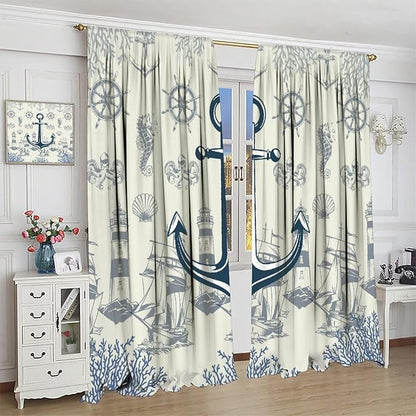 Nautical Anchor Curtains, Vintage Sailboat Ocean Coastal Lighthouse Window Drapes, Navy Blue Coral Shell Seahorse Beach Print Blackout Window Treatments for Living Room Bedroom 72x63in