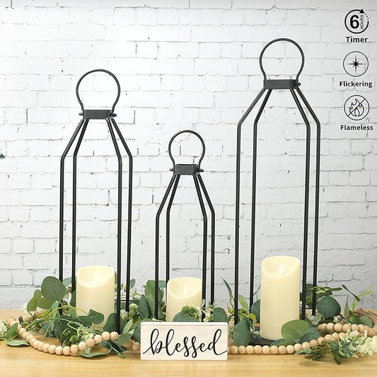 Perfnique Modern Farmhouse Lanterns, Set of 3 Black Metal Lanterns w/ 6hr Timer Flickering Flameless Candles, Decorative for Outdoor Decor, Front Porch, Indoor, Patio, Garden, Fireplace, Christmas