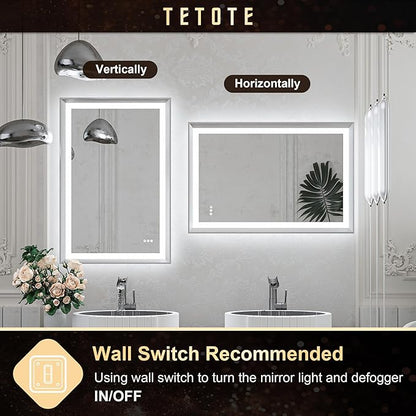 TETOTE Brushed Silver LED Bathroom Mirror with Lights 42x36 Front & Back Light Vanity Framed Mirror Baroque Anti Fog Dimmable White/Warm/Natural,CRI90+,Waterproof,Wall Mounted(Horizontal/Vertical)