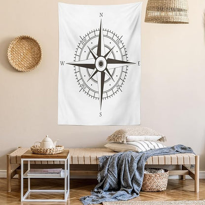 Ambesonne Compass Tapestry, Wind Rose Old Fashion Navigational Equipments Orienteering Illustration Print, Wall Hanging for Bedroom Living Room Dorm Decor, 40" X 60", Evergreen White