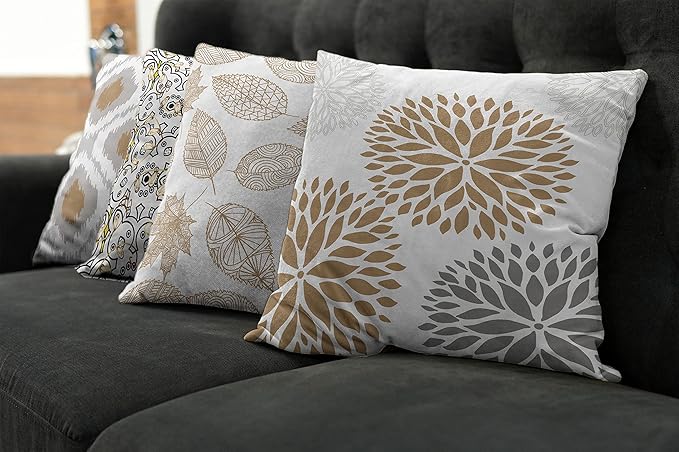 Ambesonne Vintage Throw Pillow Cushion Case Pack of 4, Bohemian Ornamental Leaves Dahlia Pattern Geometric Art Curlicue, Modern Accent Double-Sided Digital Printing, 24", Pale Brown Grey White