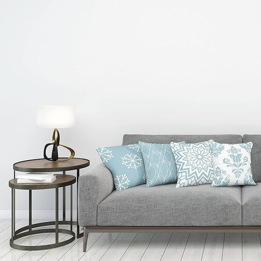 Ambesonne Retro Throw Pillow Cushion Case Pack of 4, Trellis Grid Medieval Floral Damask Mandala Flower Ornament in Modern Monochrome, Modern Accent Double-Sided Digital Printing, 24", Pale Blue Grey
