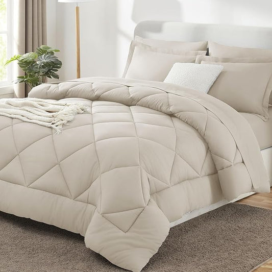 CozyLux Oversized Queen Comforter Set Beige - 7 Pieces Bed in a Bag Comforter Set with Sheets, Luxury Soft Bed Set All Seasons, Bedding Set with Down Alternative Comforter, Sheets, Pillowcases & Shams