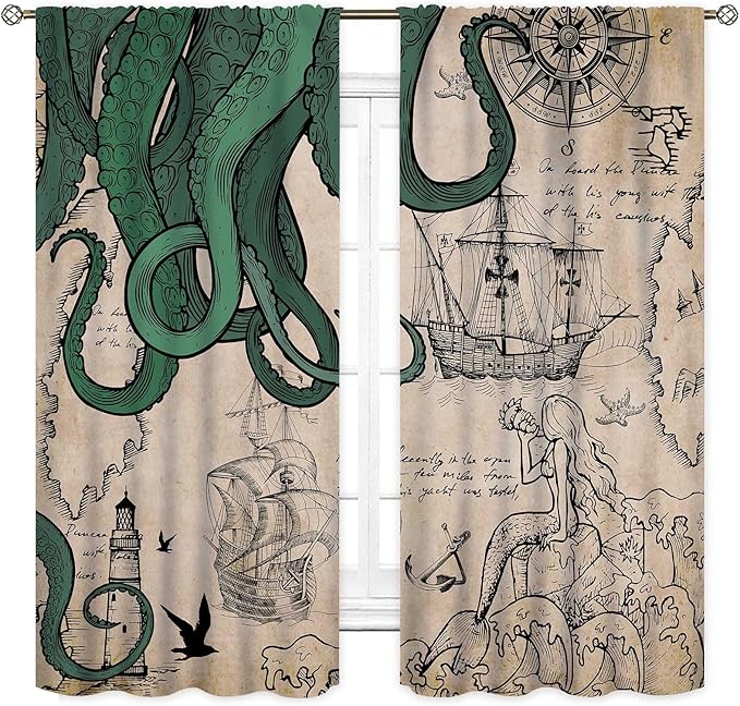Nautical Octopus Curtains, Coastal Old Pirate Map Sailboat Compass Vintage Magic Ocean Kraken Octopus Tentacles Window Drapery Treatment for Bedroom Living Room Kitchen Bathroom 2 Panels, 84"x63" Inch