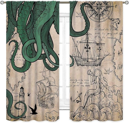 Nautical Octopus Curtains, Coastal Old Pirate Map Sailboat Compass Vintage Magic Ocean Kraken Octopus Tentacles Window Drapery Treatment for Bedroom Living Room Kitchen Bathroom 2 Panels, 42"x63" Inch