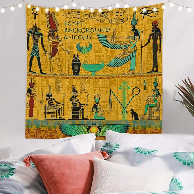 Batmerry Yellow Ancient Egyptian Tapestry, Horus Wall Art Hanging Decoration Polyester Fiber White Ruffled Around for Dorm Room Bedroom Living Room, 59.1x59.1 inches