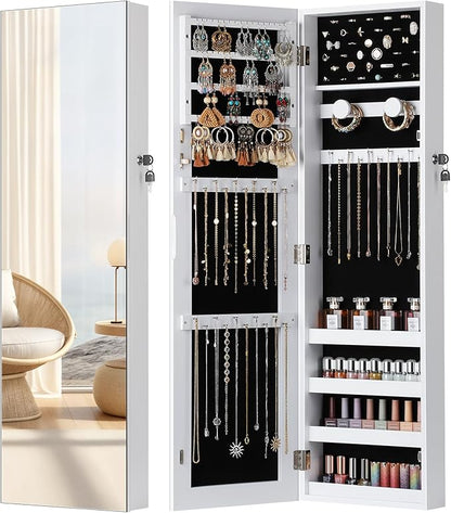 Nicetree Mirror Jewelry Cabinet, Jewelry Armoire with Full Length Mirror,Mirror with Jewelry Storage Wall/Door Mounted, Lockable Jewelry Armoire Organizer,White