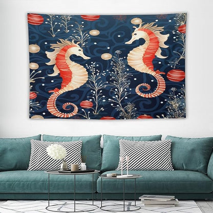 Seahorse Christmas Kiss Beach Tapestry As Wall Art Coastal Nautical Bedroom Tapestries Landscape Tapestry Wall Hanging for Bedroom Living Room Dorm Decor 40"x60" Christmas Family Party