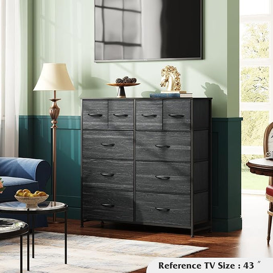 WLIVE Dresser for Bedroom with 10 Fabric Drawers, Tall Chest Organizer Units for Clothing, Closet, Storage Tower with Cabinet, Metal Frame, Wooden Top, Charcoal Black Wood Grain Print