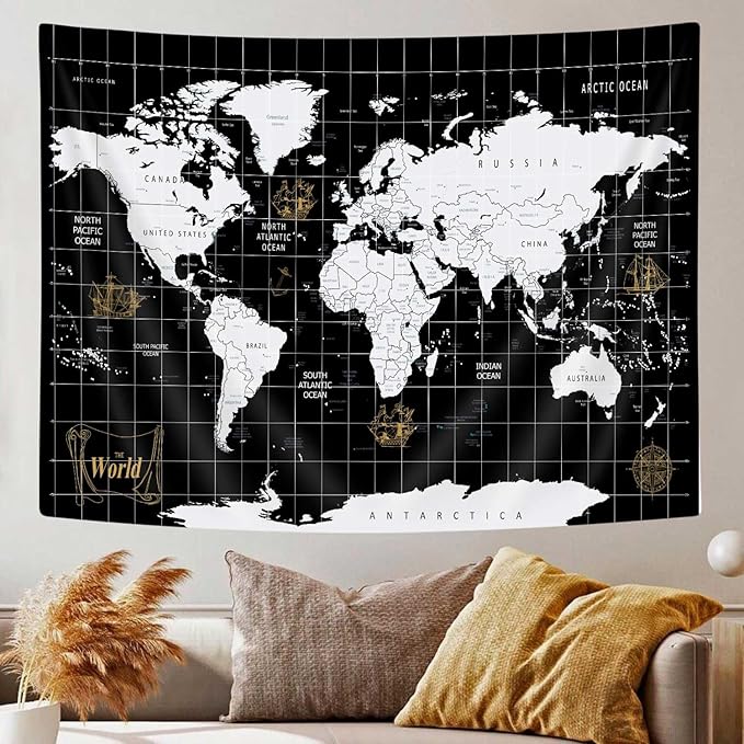 World Map Tapestry Wall Hanging, World Geographical Asia Europe South City Topography America Africa Japan Wall Decor Tapestries Map of Wall Art for Bedroom Living Room Home Office