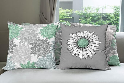 Ambesonne Floral Throw Pillow Cushion Case Pack of 4, Flower Petals Modern Color Palette Chamomile Peony Dahlia and Sunflower Print, Modern Accent Double-Sided Digital Printing, 24", Sea Green Grey