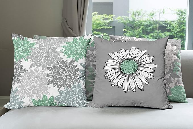 Ambesonne Floral Throw Pillow Cushion Case Pack of 4, Flower Petals Modern Color Palette Chamomile Peony Dahlia and Sunflower Print, Modern Accent Double-Sided Digital Printing, 16", Sea Green Grey