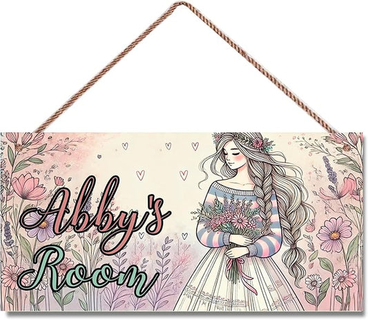 Personalized Name Door Sign Beautiful Girl Décor Wall Art Sign, Custom Name Wooden Signs Hanging Décor For Kids Room