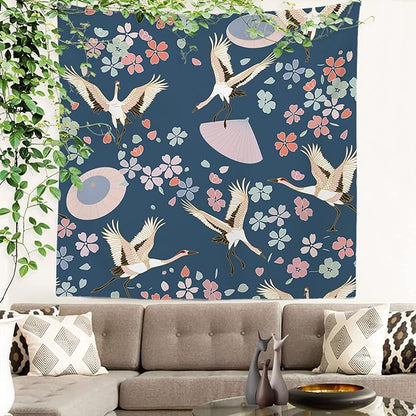 Batmerry Navy Blue Japanese Cherry Tapestry,Oriental Wall Art Hanging Decoration Polyester Fiber White Ruffled Around for Dorm Room Bedroom Living Room, 59.1x59.1 inches