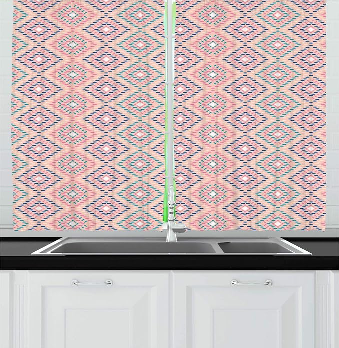 Lunarable Aztec Kitchen Curtains, Warm Pastel Colored Modern Traditional Folkloric Ethnic Rhombus Squares, Window Drapes 2 Panel Set for Kitchen Cafe Decor, 55" X 39", Blush Indigo Pale Teal