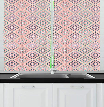 Lunarable Aztec Kitchen Curtains, Warm Pastel Colored Modern Traditional Folkloric Ethnic Rhombus Squares, Window Drapes 2 Panel Set for Kitchen Cafe Decor, 55" X 39", Blush Indigo Pale Teal