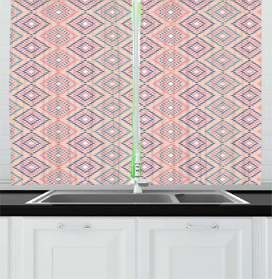Lunarable Aztec Kitchen Curtains, Warm Pastel Colored Modern Traditional Folkloric Ethnic Rhombus Squares, Window Drapes 2 Panel Set for Kitchen Cafe Decor, 55" X 39", Blush Indigo Pale Teal