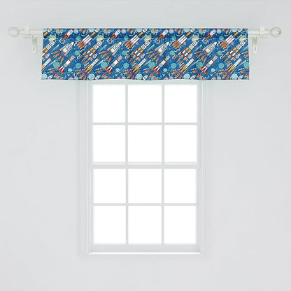 Ambesonne Spaceship Window Valance Pack of 2, Hand-Drawn Cartoon Spaceships Planets and Stars Outer Space Exploration Theme, Rod Pocket Curtain Valances for Kitchen Bedroom, 42" X 12", Violet Blue