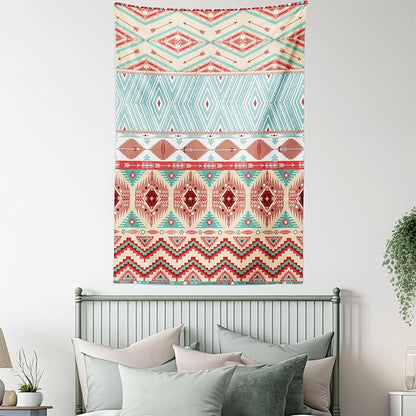 Lunarable Aztec Tapestry Queen Size, Culture Inspirations Ornamental Indigenous Chevron, Wall Hanging Bedspread Bed Cover Wall Decor, Queen Size, Turquoise Beige