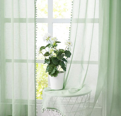 Treatmentex Pompom Sheer Green Curtains for Bedroom 72" Length Nursery Room Slub Textured Window Curtain Drapes for School Kindergarten 52" w x 2 Pack Rod Pocket, Sage Green