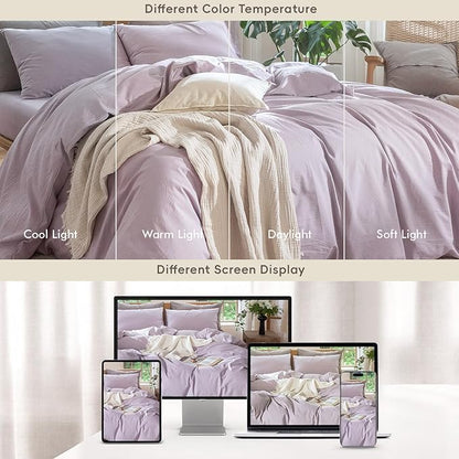 MooMee Bedding Duvet Cover Set 100% Washed Cotton Linen Like Textured Breathable Durable Soft Comfy (Heathered Light Purple, Twin 68"x90")