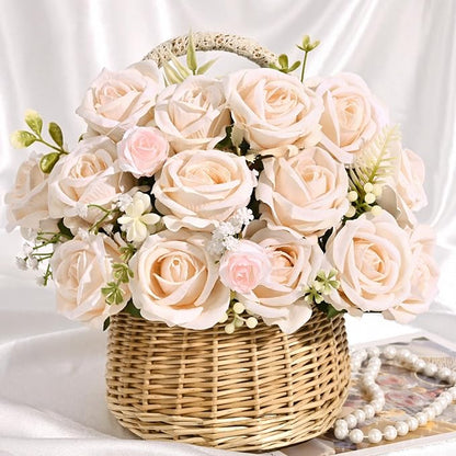 BLEUM CADE 100 Pcs Champagne Roses Artificial Flowers, Real Touch Velvet Roses Fake Flowers Bulk, Artificial Roses Bouquet with Long Stems Bridal DIY Wedding Party Centerpiece Decorations