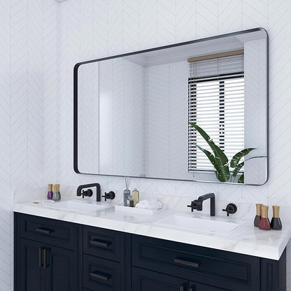 VocalStar 48 x 32 Inch Black Metal Framed Bathroom Mirror for Wall, Large Rounded Rectangle Matte Black Bathroom Vanity Mirror Farmhouse, 1/4-inch Shatterproof Glass | Ultra-Flush Hanging