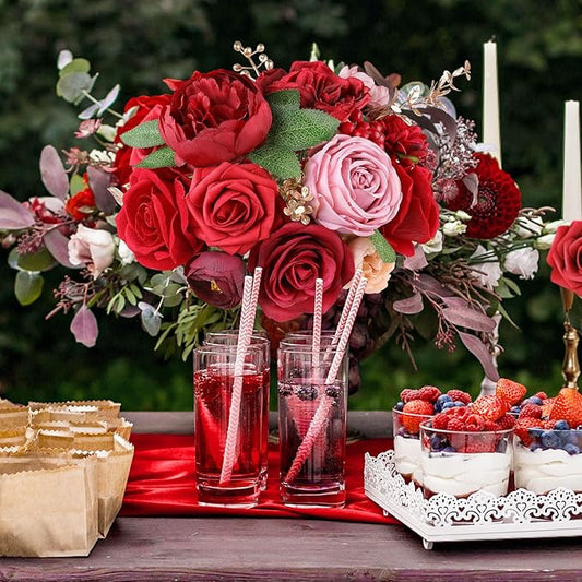 AmyHomie Red Artificial Flowers Combo Silk Mix Peony Rose Fake Flowers w/Stem for Valentine's Day DIY Wedding Bouquets Centerpieces Table Fall Decor Party Bridal Baby Shower Home Decorations