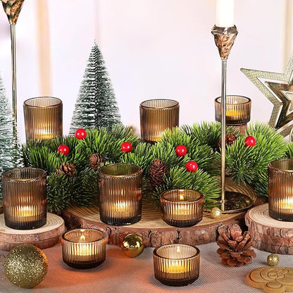 10pcs Ribbed Amber Votive Candle Holders, Assorted Glass Tea Light Candle Holders for Fall Decor, Amber Candle Holders for Wedding Centerpieces, Thankgiving and Christmas Decorations