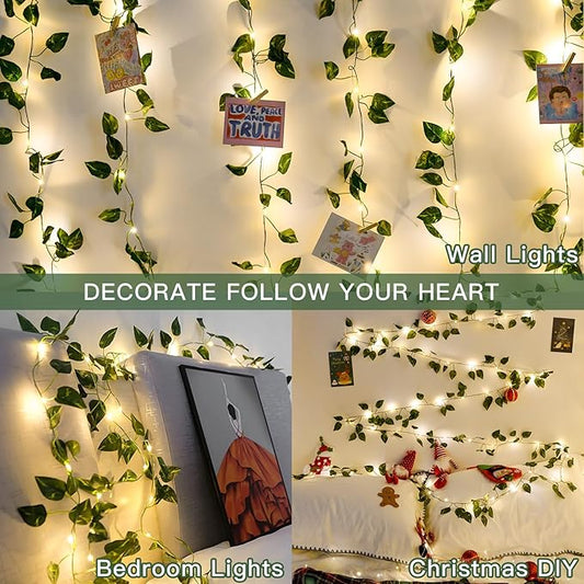suddus Vine with Fairy Lights Battery Operated, 33ft100 LED Pothos String Lights with Remote, Leaf Lights for Bedroom, Room, Wall, Garden, Party, Wedding Decor(Warm White)