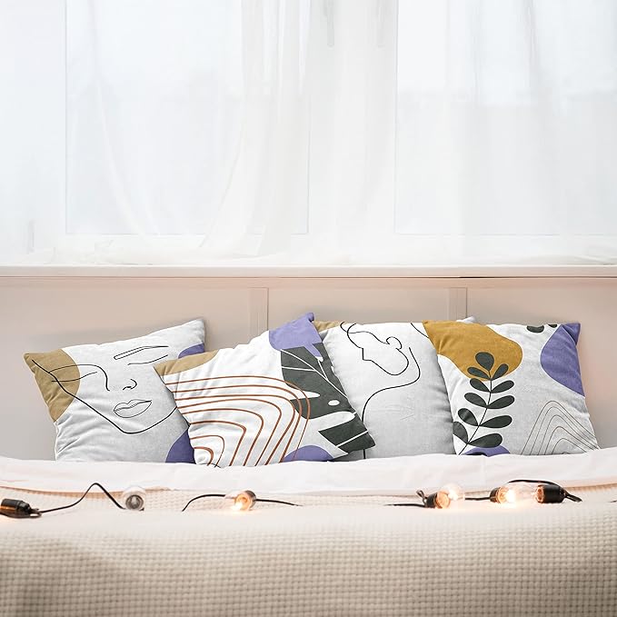 Ambesonne Minimal Throw Pillow Cushion Case Pack of 4, Modern Line Art Woman Portrait with Contemporary Leafy Geometric Details, Modern Accent Double-Sided Digital Printing, 20", Tan Amber Lavender