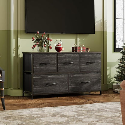 WLIVE Dresser for Bedroom with 5 Drawers, Wide Chest of Drawers, Fabric Dresser, Storage Organizer Unit with Fabric Bins for Closet, Living Room, Hallway, Charcoal Black Wood Grain Print