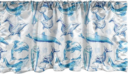 Ambesonne Sea Animals Window Valance, Sketch of Bottlenose Dolphins Playing Laughing in The Ocean Sea Life Print, Curtain Valance for Kitchen Bedroom Decor with Rod Pocket, 54" X 12", Turquoise White