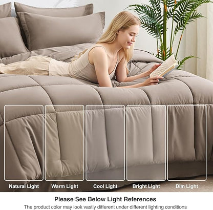 Love's cabin California King Comforter Set Light Brown, 7 Pieces California King Bed in a Bag, All Season Bedding Sets with 1 Comforter, 1 Flat Sheet, 1 Fitted Sheet, 2 Pillowcase and 2 Pillow Sham