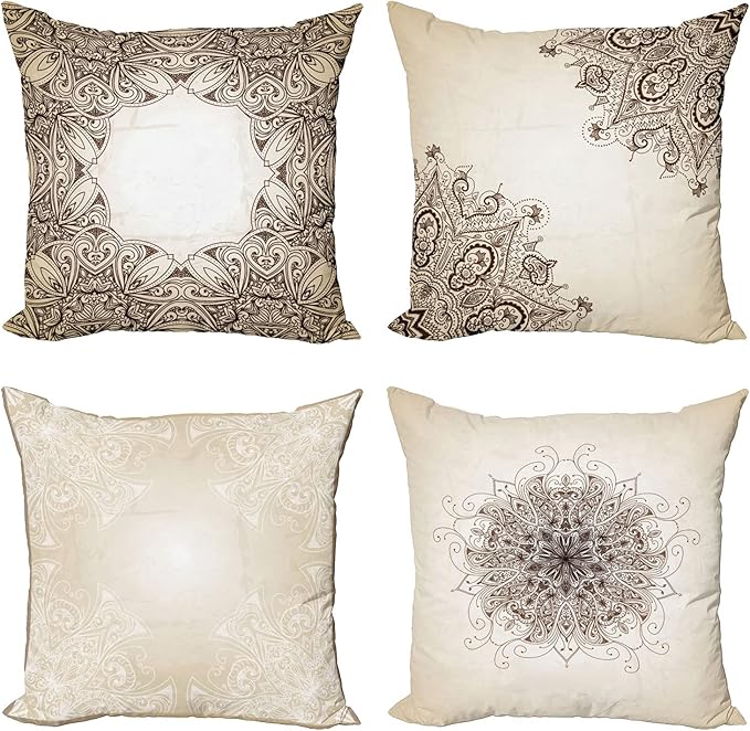 Ambesonne Ethnic Throw Pillow Cushion Case Pack of 4, Mandala Design Cultural Folkloric Motifs Swirling Floral Style Art Illustration, Modern Accent Double-Sided Digital Printing, 20", Eggshell Brown