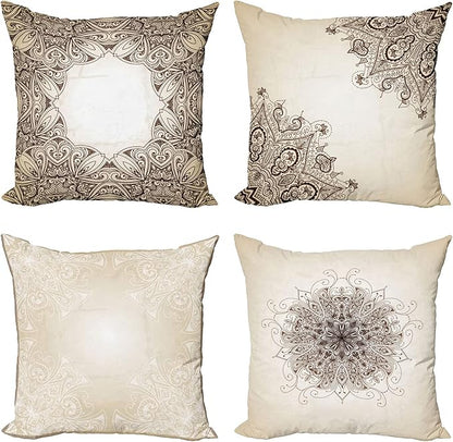 Ambesonne Ethnic Throw Pillow Cushion Case Pack of 4, Mandala Design Cultural Folkloric Motifs Swirling Floral Style Art Illustration, Modern Accent Double-Sided Digital Printing, 20", Eggshell Brown