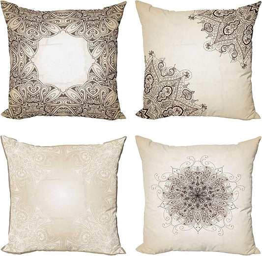 Ambesonne Ethnic Throw Pillow Cushion Case Pack of 4, Mandala Design Cultural Folkloric Motifs Swirling Floral Style Art Illustration, Modern Accent Double-Sided Digital Printing, 20", Eggshell Brown