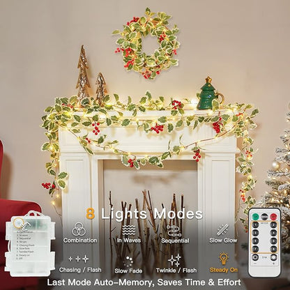 suddus 40 LED Christmas Fairy Lights Battery Powered,12.5ft Vine String Lights with Red Berries & Holly Leaf Timer Remote, Artificial Garlands for Fireplace, Bedroom,Porch,Door,Table,Stairs,Xmas Decor