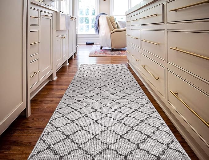 Custom Size Modern Runner Rug Carpet for Hallway Entryway Foyer Kitchen, Slip Resistant Latex Rubber Backed 31 inch Wide X Customized Length, Trellis Grey, 31 inch X 13 feet