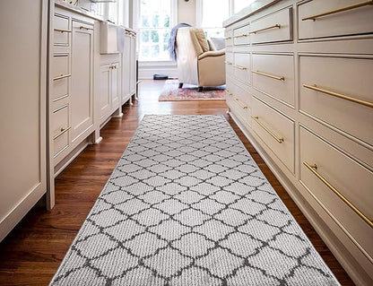 Custom Size Modern Runner Rug Carpet for Hallway Entryway Foyer Kitchen, Slip Resistant Latex Rubber Backed 31 inch Wide X Customized Length, Trellis Grey, 31 inch X 16 feet