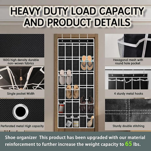 Over the Door Shoe Organizer with 30 Breathable Mesh Pockets - Large Capacity Closet Storage for Men & Women, Hanging Shoe Rack Organizer (Solid black)