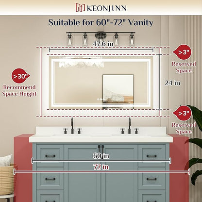 Keonjinn LED Bathroom Mirror 48" x 24" with Frontlit and Backlit, Stepless 3 Colors Temperature & Dimmable Wall Mirror, Tempered Glass, UL Listed LED Driver, Double LED Strips Lighted Vanity Mirror