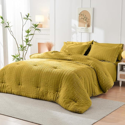 HYMOKEGE Mustard Yellow King Size Comforter Set Seersucker 7 Pieces, All Season Luxury Bed in a Bag for Bedroom, Bedding Set with Comforter, Sheets, Pillowcases & Shams