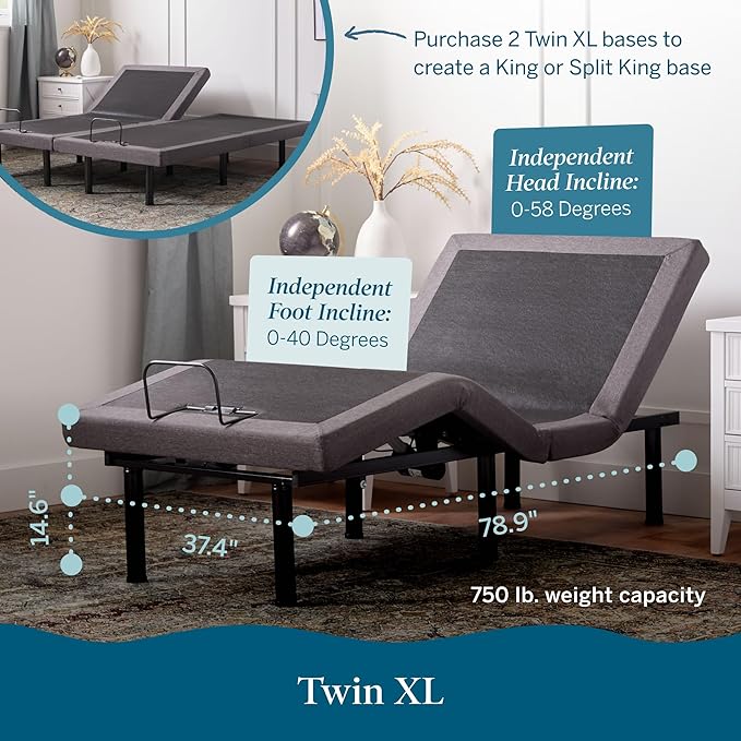 LUCID L300 Adjustable Bed Frame - Head and Foot Incline - USB - Wireless Remote - Easy 2 Person Assembly - Quiet Motor - Relax - TV - Working - Reading - Ergonomic - Electric Bed Base - Twin XL Size
