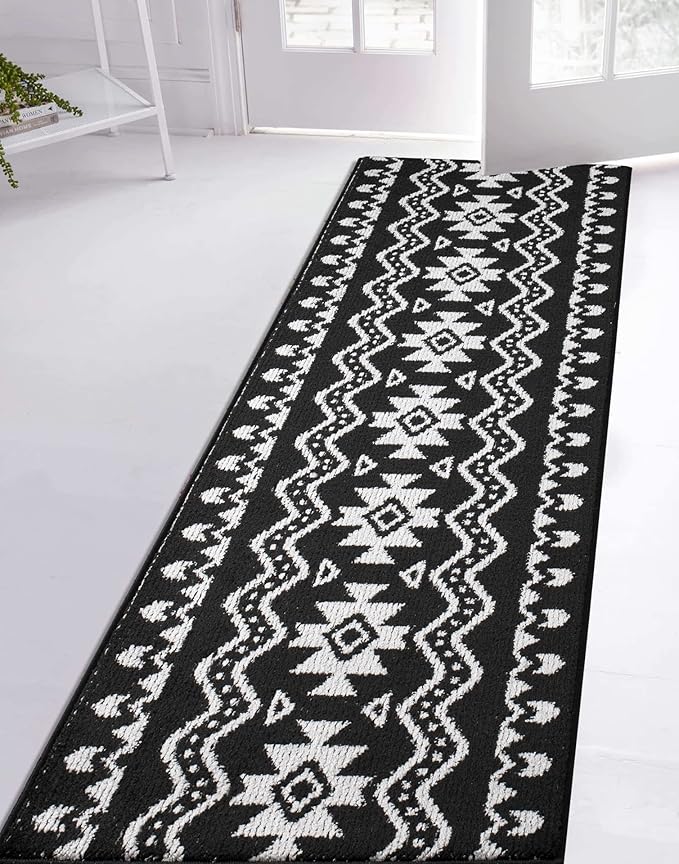 Custom Length Cut to Size Tribal Ethnic Southwestern Inspired Hallway Runner Rug, Non Slip Rubber Backed, 31 inch Wide X Customized Length, Aztec Black, 31 inch X 11 feet